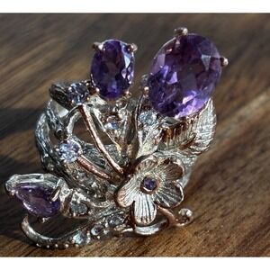Amethyst Oxidized Sterling Silver Ring Vine Botanical Size 7.5